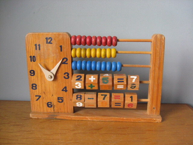 ★アンティーク品★木製おもちゃ 時計 足し算 引き算 計算 数え玉 そろばん フランス