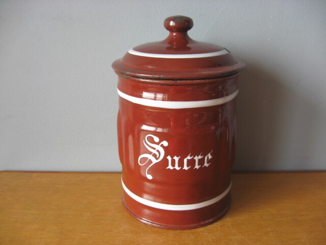 ★アンティーク品★ホーローキャニスター Sucre シュガー 砂糖 ブラウン＆ホワイト フランス