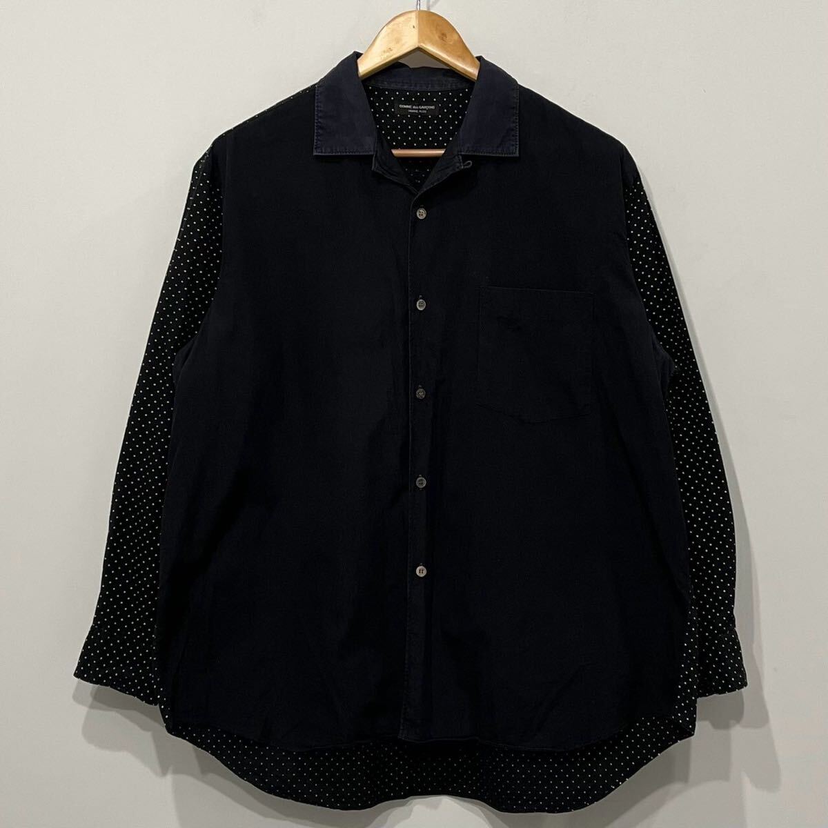 希少 80s 初期 COMME des GARCONS HOMME PLUS ドット 切替 オープンカラー ワイド ボックスシャツ ブラック コムデギャルソン オムプリュス