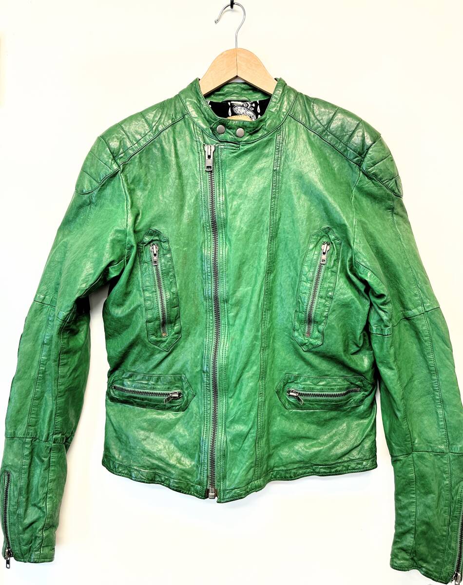 【SK】 中古 ディーゼル DIESEL グリーン 革ジャン ライダースジャケット Lサイズ 羊革 RN93243 CA25594