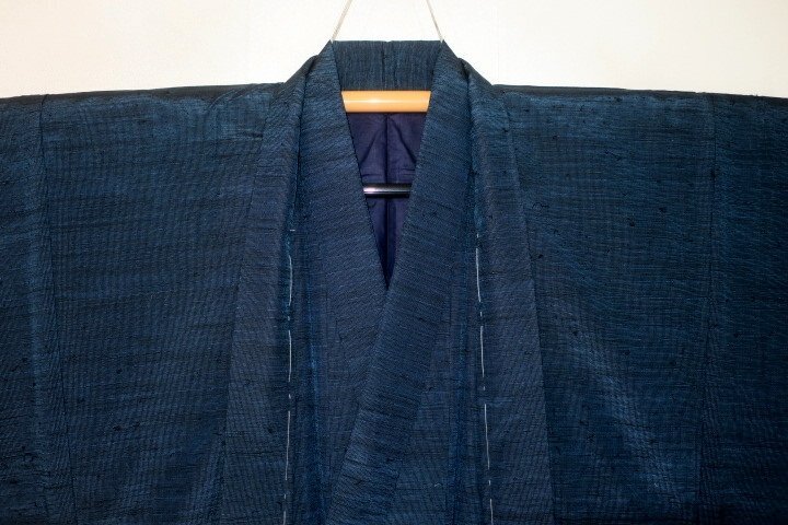 弐9974 本絹西陣織京結城紬男着物羽織 裄64丈128К藍瑠璃青緑 珍色 未着用 子供サイズ