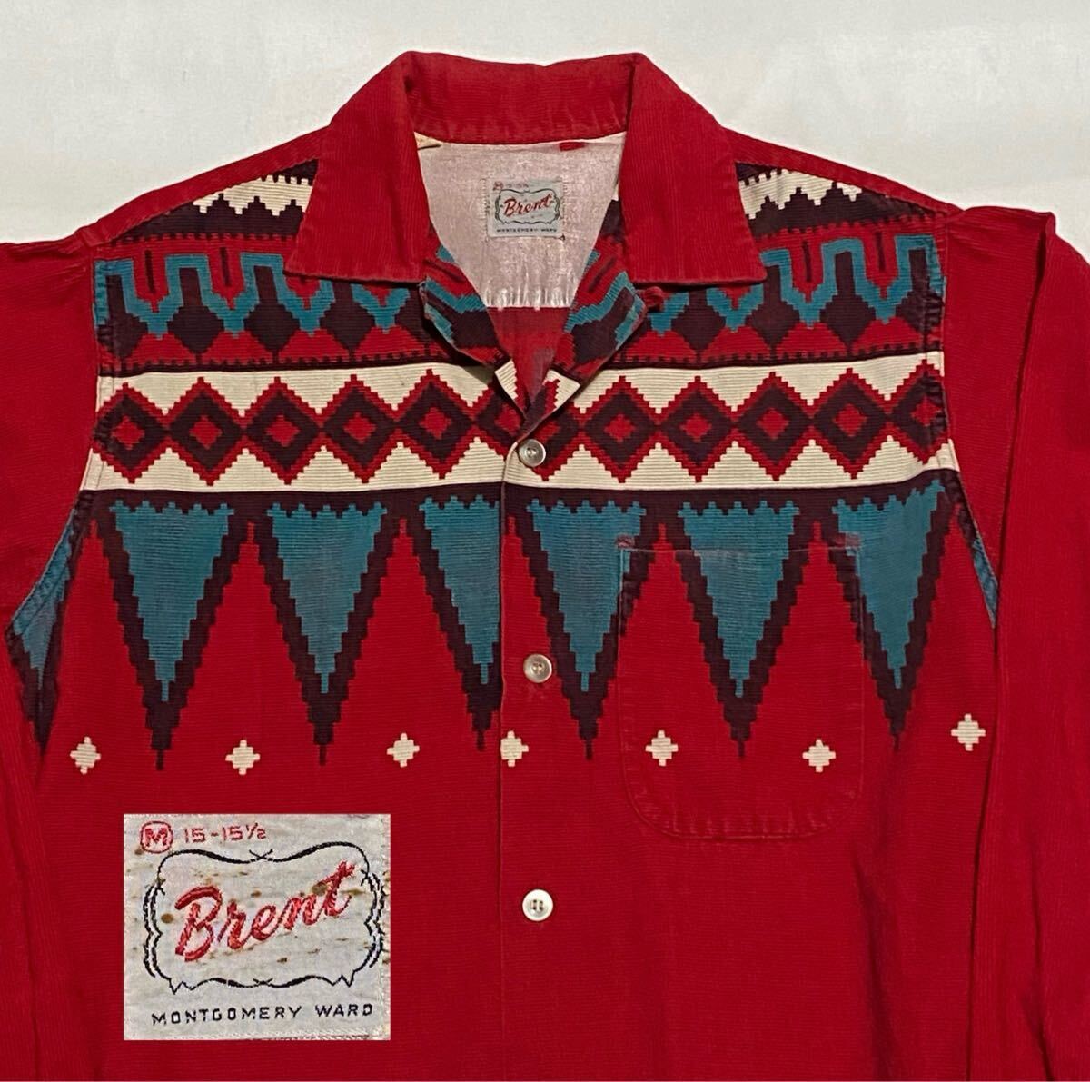 50's Brent バックギャモン プリントコーデュロイシャツ Mサイズ ビンテージ古着 ロカビリー インディアン 50年代 TOWNCRAFT スペシャル