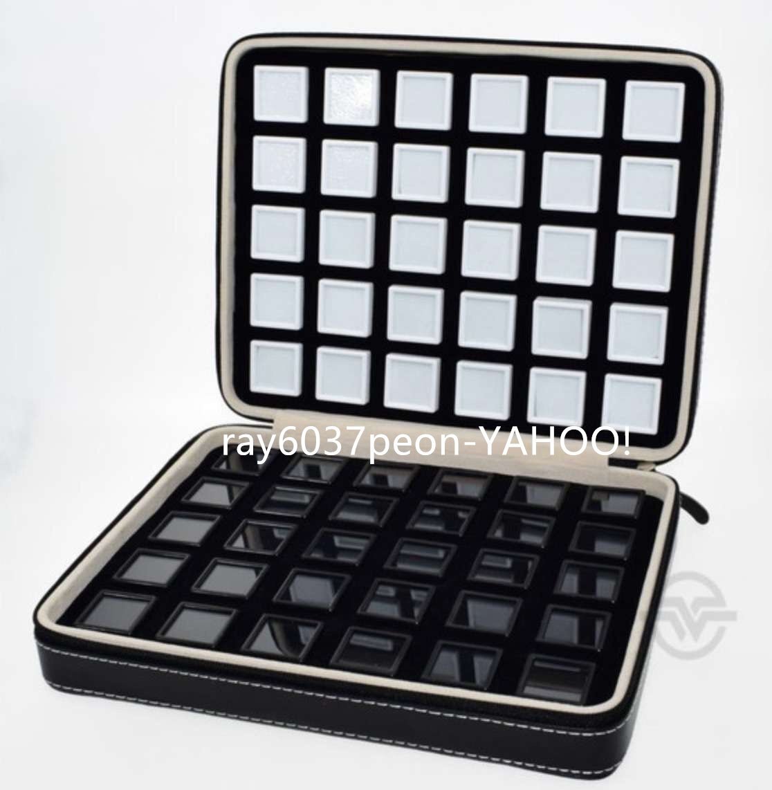 宝石ルースケース60個+トランクボックスセット 黒レザー調 大量 携帯用 ポータブル トラベル 原石ディスプレイ トランクショー