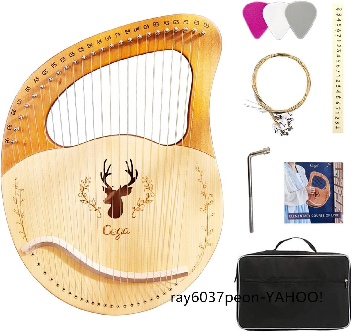 竪琴ハープ 24弦木製 ライアーハープ ハープセット Lyre Harp メタルストリン マホガニー ソリッドウッド ピック 収納バッグ付 木の色