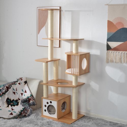 キャットタワー 木製　MDF　頑丈 据え置き おしゃれ 麻紐 爪とぎボール 猫ベッド 安全安心 ペット用品 猫用品 猫タワー キャットハウス