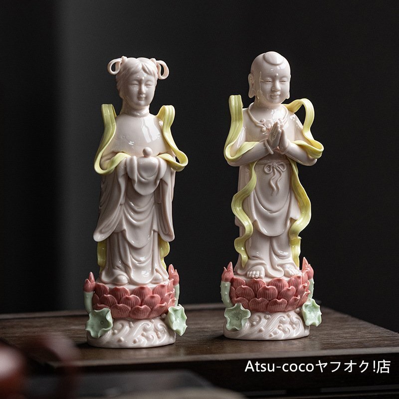 高品質 金童玉女【紅蓮】組 紅蓮仙童 紅蓮天女 陶磁器セラミックス 白磁 徳化窯 仏教美術 置物 供養 装飾 収蔵