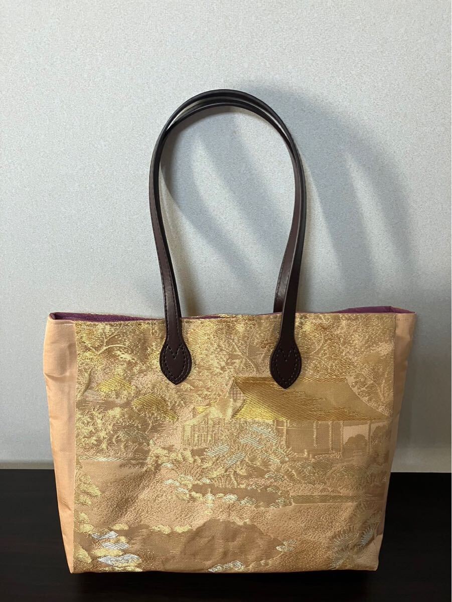アンズルーム★ハンドメイド★ちょっと豪華な　トートバッグ★ハンドバッグ★着物　帯リメイク★ゴールド　庭園？★A4