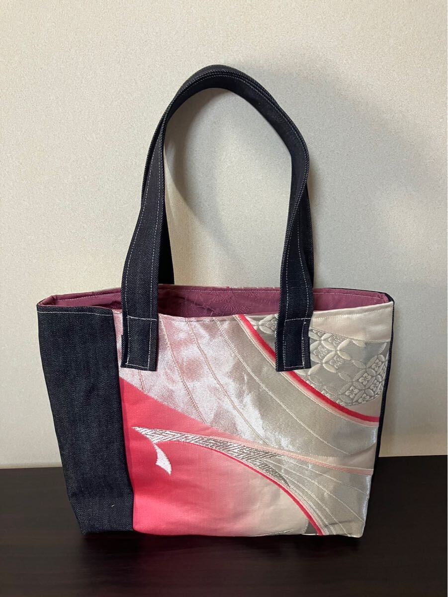 アンズルーム★帯で作った　トートバッグ★ハンドバッグ★着物　帯リメイク★デニム★ピンク花★A4