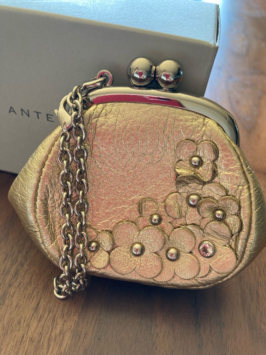 新品箱付き アンテプリマ シャンパンゴールド コインケース 牛革 小銭入れ がま口 財布 チェーンストラップ付き レザー財布