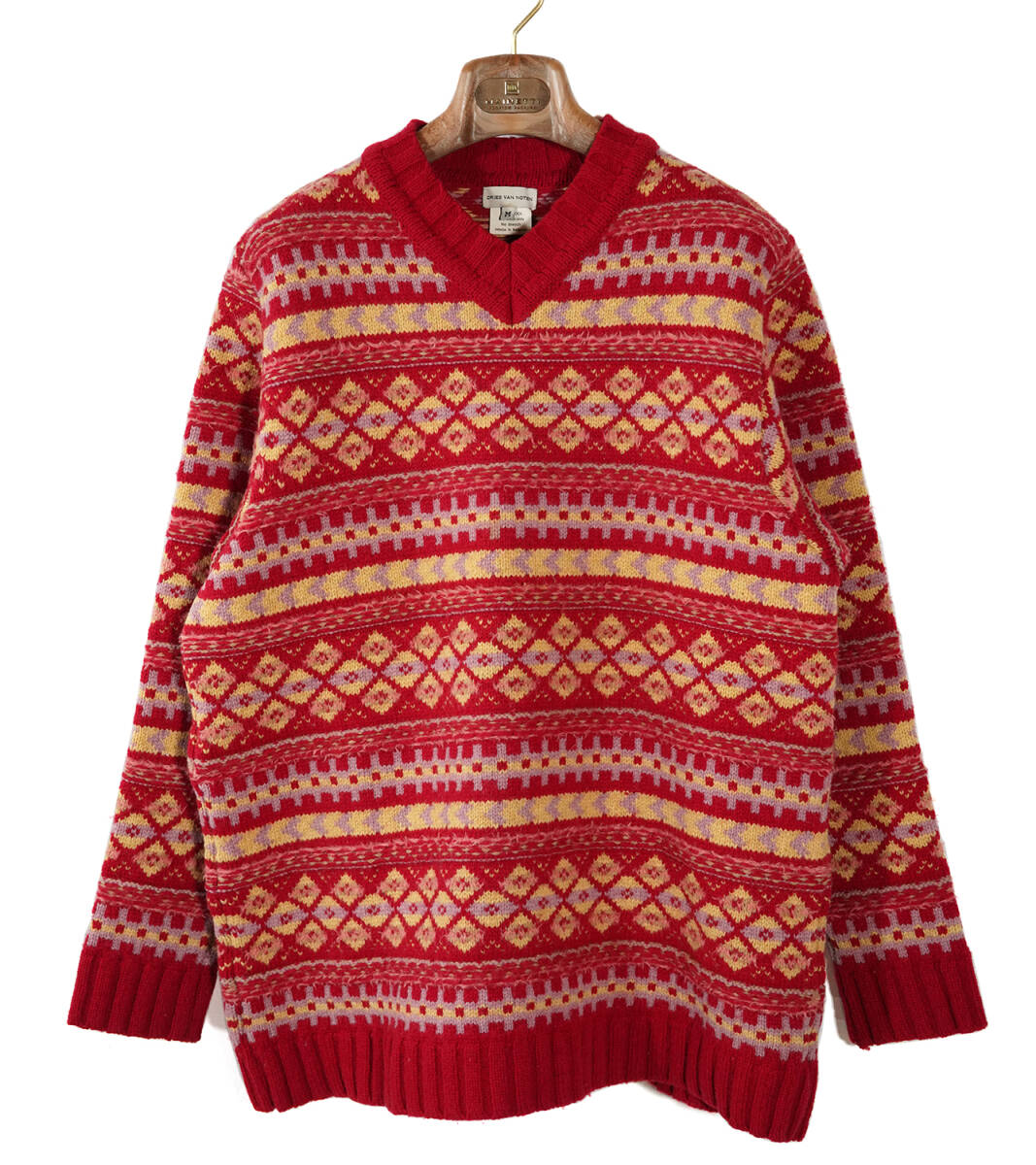 「 ベルギー製 90s 1995AW DRIES VAN NOTEN フェアアイル Vネック ニット セーター 」Mサイズ レッド ドリスヴァンノッテン 厚手