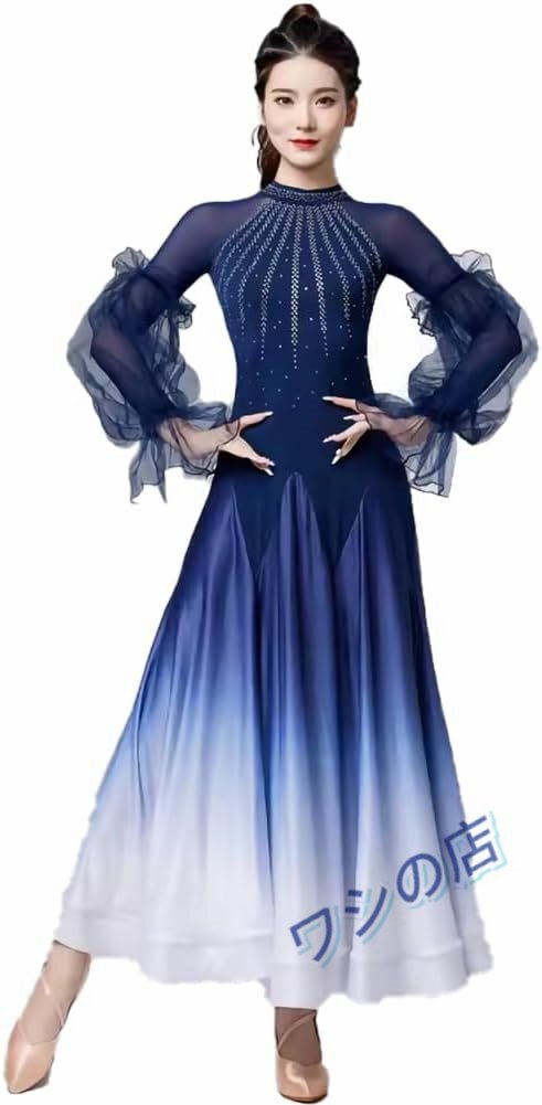 社交ダンスドレス ラインストーン飾り 社交ダンス 練習着ワンピース スリム フラメンコ ドレス リボン長袖 社交ダンス衣装 モダンダンス衣
