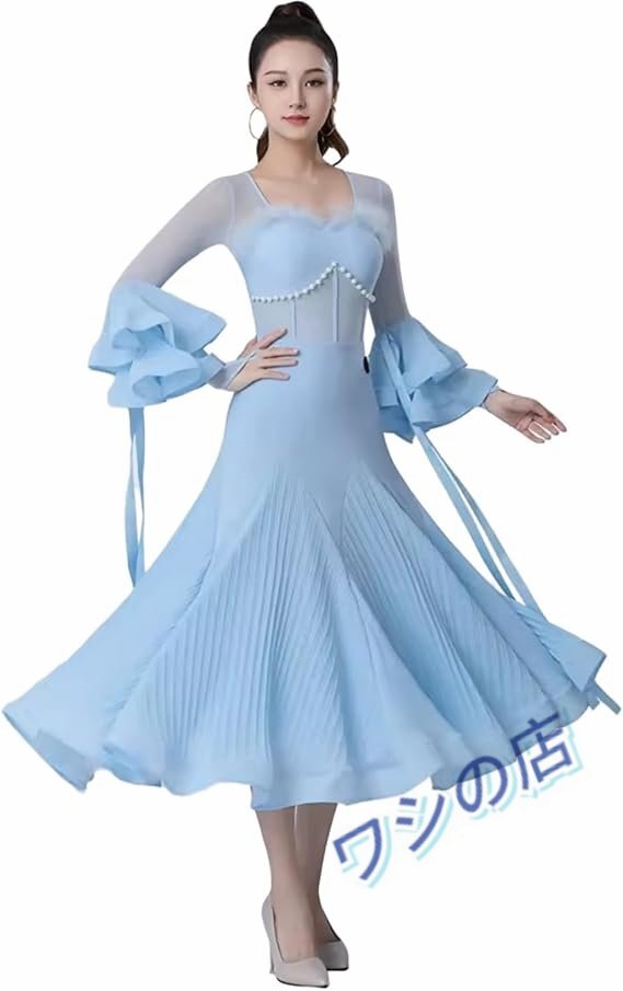 上品 社交ダンスドレス フロート袖 メッシュ背中 モダンダンス衣装 スタンダード ドレス 社交ダンス ワンピース フラメンコ ドレス 社交ダ