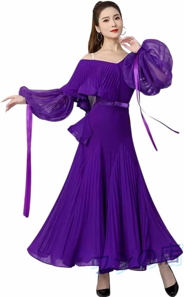 PH-4008 社交ダンス 練習着 ドレス しわ加工 斜め肩 パフスリーブ モダンダンス衣装 スタンダード ドレス 社交ダンス ワンピース2色から選