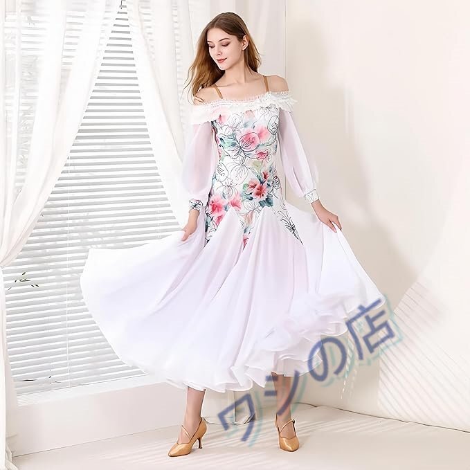 PH-1449 社交ダンスドレス 練習着 競技 ダンスドレス オフネック 花柄 肩見せ モダンダンス衣装 スタンダード ドレス ラテンダンス 社交ダ