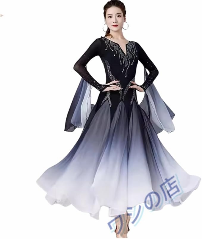 PH-4109社交ダンス 練習着 ドレス ヒラヒラ クラーデション ライトストーン モダンダンス衣装 スタンダード ドレス 社交ダンス ワンピース