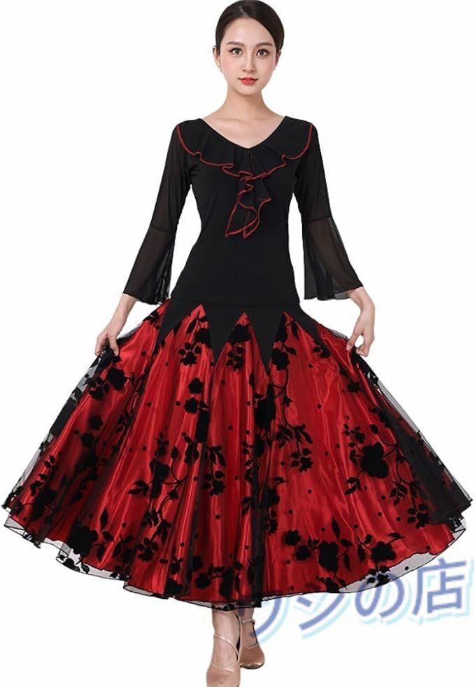 PH-4006 社交ダンス衣装 2点セット フリル トップス スカート フラメンコ衣装 スタンダード ドレス ワルツドレス 社交ダンス 練習着 社交