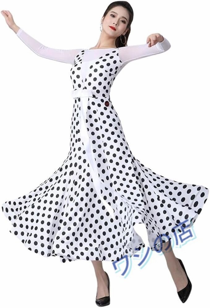 上品 社交ダンスドレス 水玉柄 ドント柄 モダンダンス衣装 スタンダード ドレス 社交ダンス ワンピース フラメンコ ドレス 社交ダンス衣装