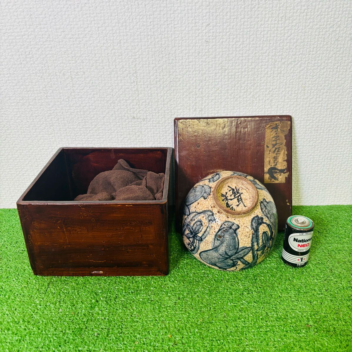 a216 九谷 青木木米 聾米造 染付人物図 茶碗 ◆ 龍耳米造 茶道具 茶器 陶器 送:80
