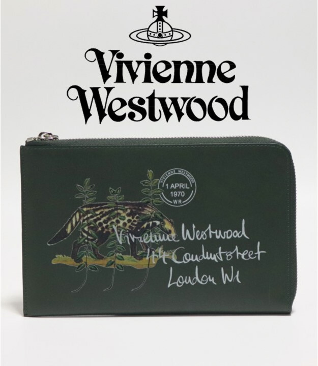 新品タグ付き【ヴィヴィアンウエストウッド】モンキー＆タイガーシリーズ L字ファスナーマルチバッグ 緑 v6683 プレゼントにも最適 
