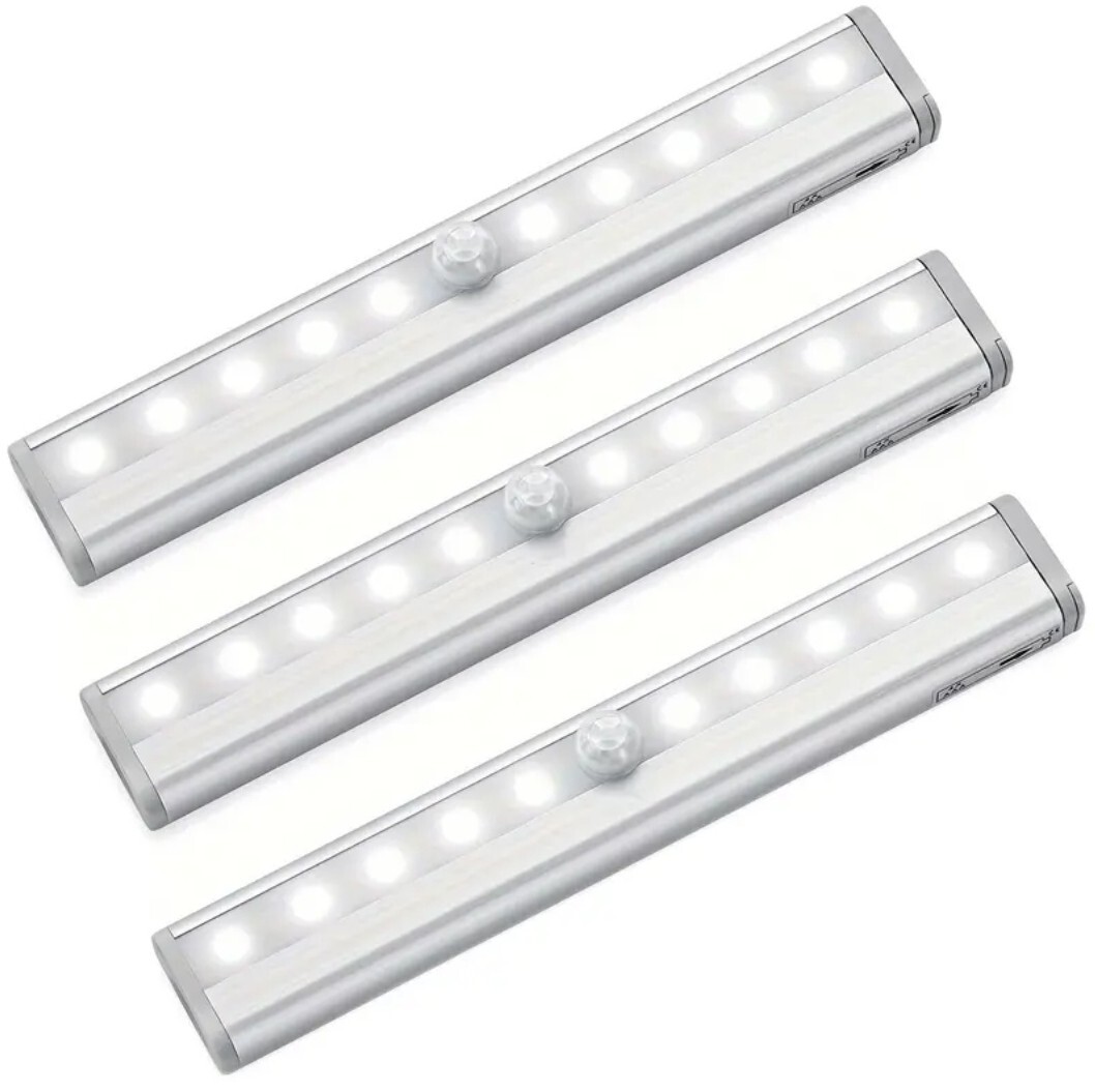 1293【新品未使用】センサーライト 人感センサー LEDライト マグネット付 自動点灯消灯 電池式 ワードローブライト 10LED 昼光色 3本セット