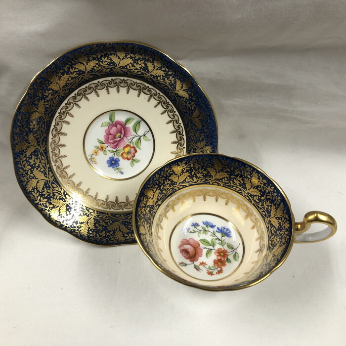 Aynsley エインズレイ アンティーク カップ&ソーサー 1934 ブルー ゴールド フラワー [jgg]