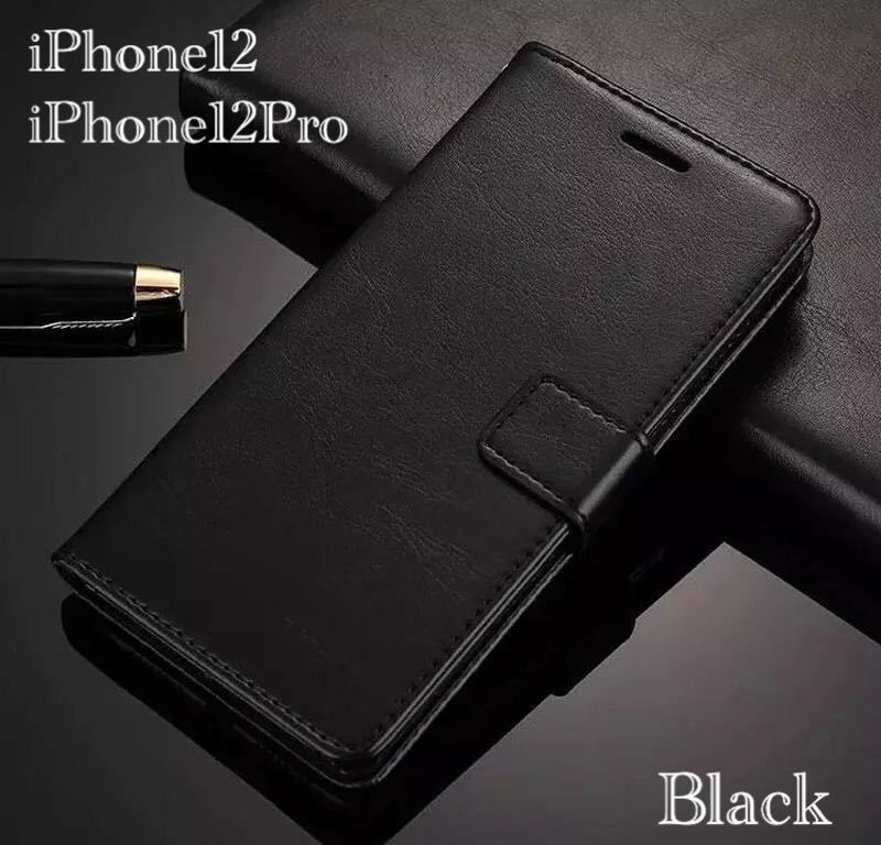 iPhone12 iPhone12Pro スマホケース　手帳型ケース レザー 革 レザーケース ストラップ 液晶フィルム フォトフレーム ブラック