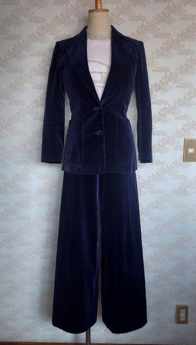 ベロア setup suit セットアップ スーツ 古着 vintage ヴィンテージ ビンテージ ベルベット ネイビー パンツスーツ フレアパンツ フレア