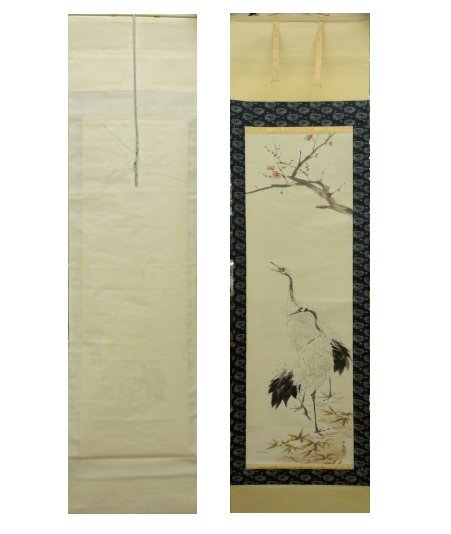 （23）川船水棹 日本画 双鶴 松竹梅 水棹 掛け軸 掛軸 紙に彩色 Japanese hanging scroll 合箱 信州の日本画家 物故 中古