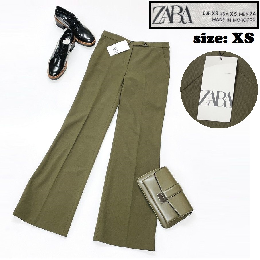ZARA /XS/ グリーン系 タックパンツ レディース タグ付き オフィスカジュアル ボトム 通勤 生地 ストレッチ 大人可愛い フォーマル ザラ