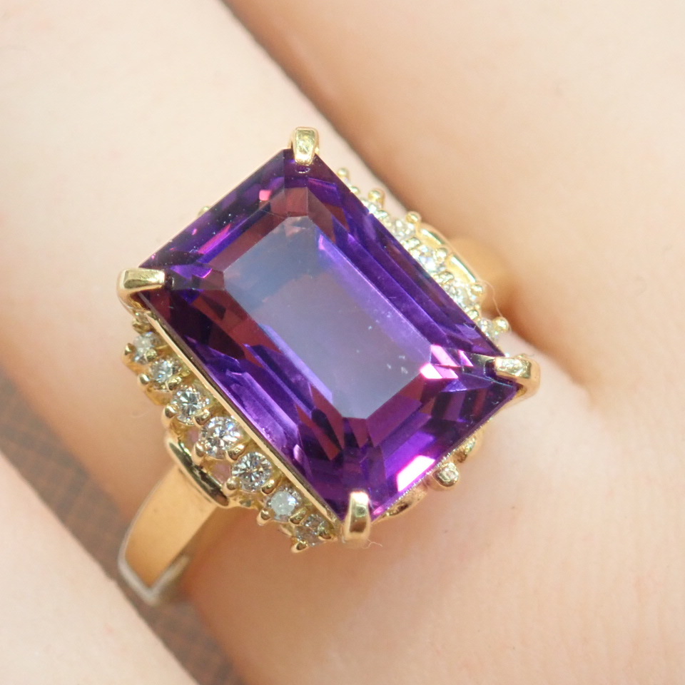 ■K18 アメシストリング 6.51ct0.18ct■アンティーク 昭和レトロ 唐草 透かし■中古磨き仕上げ■