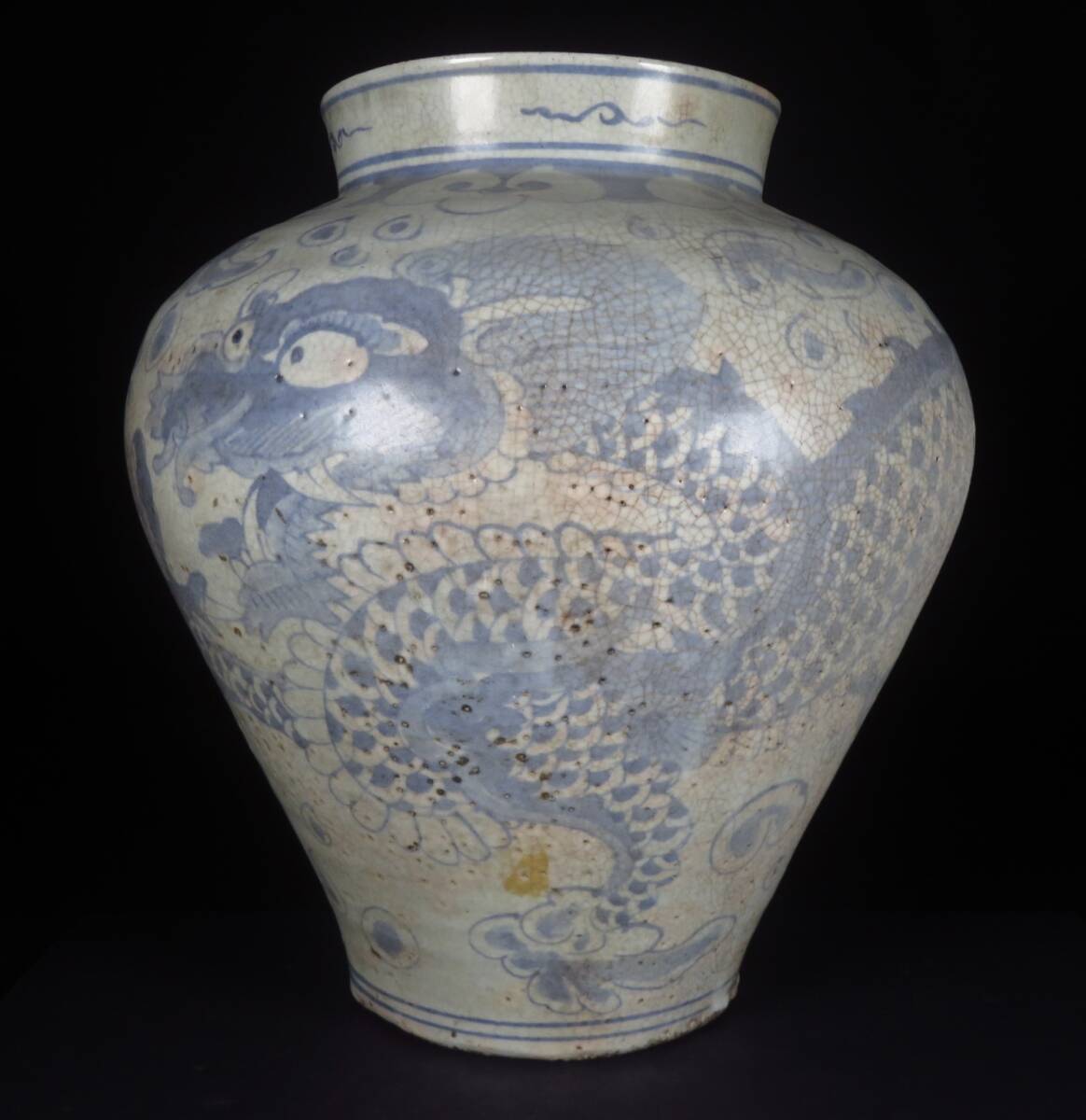 【SAKURAYA】コレクター委託品【染付雲龍文壷】時代物 李朝 青花 飾壺 朝鮮古美術 朝鮮古陶磁器 高麗 韓国 骨董品 古美術品 高さ35cm