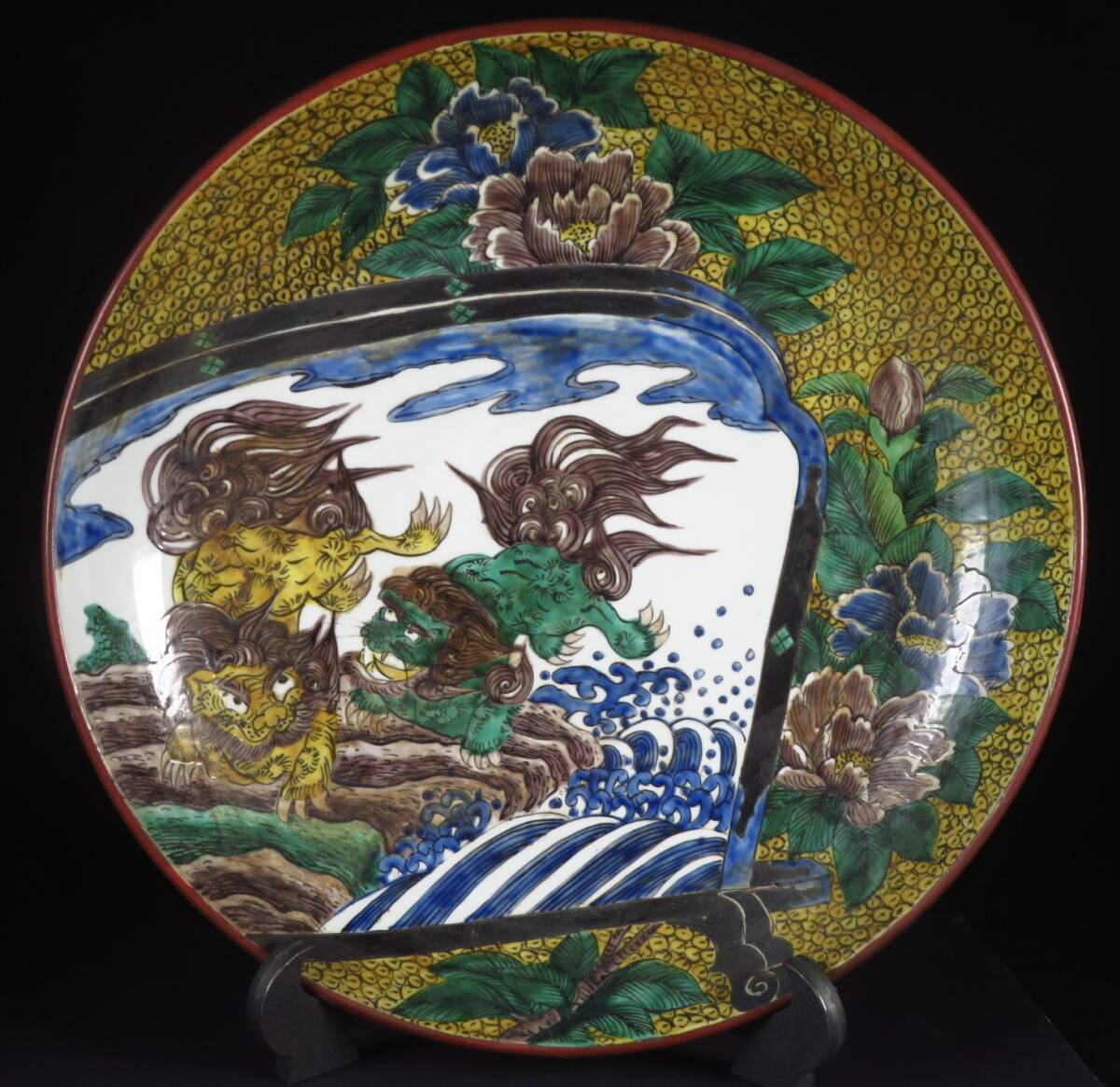 【SAKURAYA】コレクター整理品【古九谷 角福銘 唐獅子牡丹文飾皿】時代物 飾鉢 青九谷 骨董品 古美術品 箱付 九谷焼 吉田屋 直径37cm