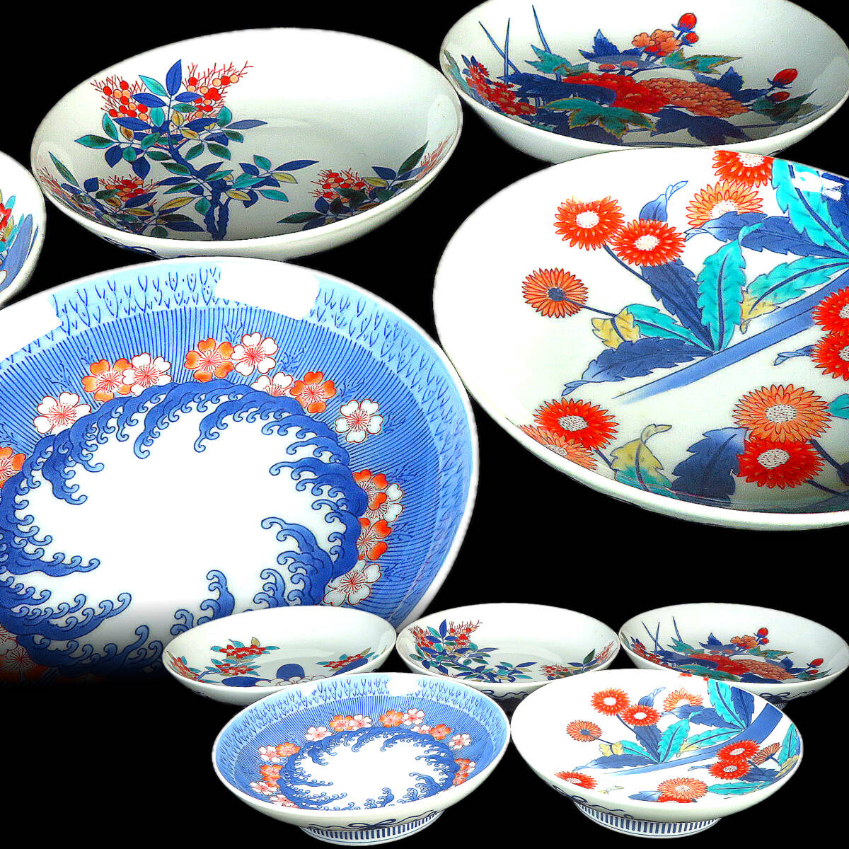 【SAKURAYA】コレクター委託品【色鍋島 七寸皿 ５枚セット】細密絵付 古鍋島 時代物 飾皿 高台皿 箱付 骨董品 古美術品 希少品 高さ20.5cm