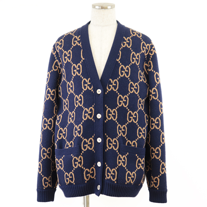【美品】GUCCI グッチ カーディガン GG柄 グレンチェック柄 リバーシブル ウール混 リブ メンズ L ネイビー ベージュ グリーン イタリア製