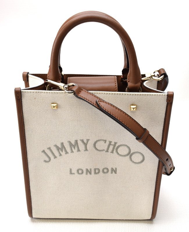 極美品 JIMMY CHOO ジミーチュウ 【アベニュー ロゴ キャンバス 2WAY ハンドバッグ ベージュ×ブラウン】ショルダーバッグ スタッズ