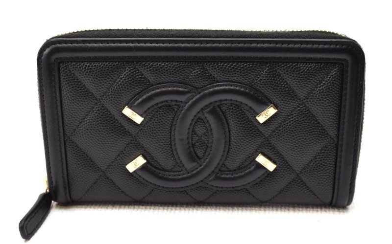 極美品 CHANEL シャネル 【キャビアスキン マトラッセ CCフィリグリー ココマーク ラウンドジップ ウォレット ブラック】 長財布 箱付き