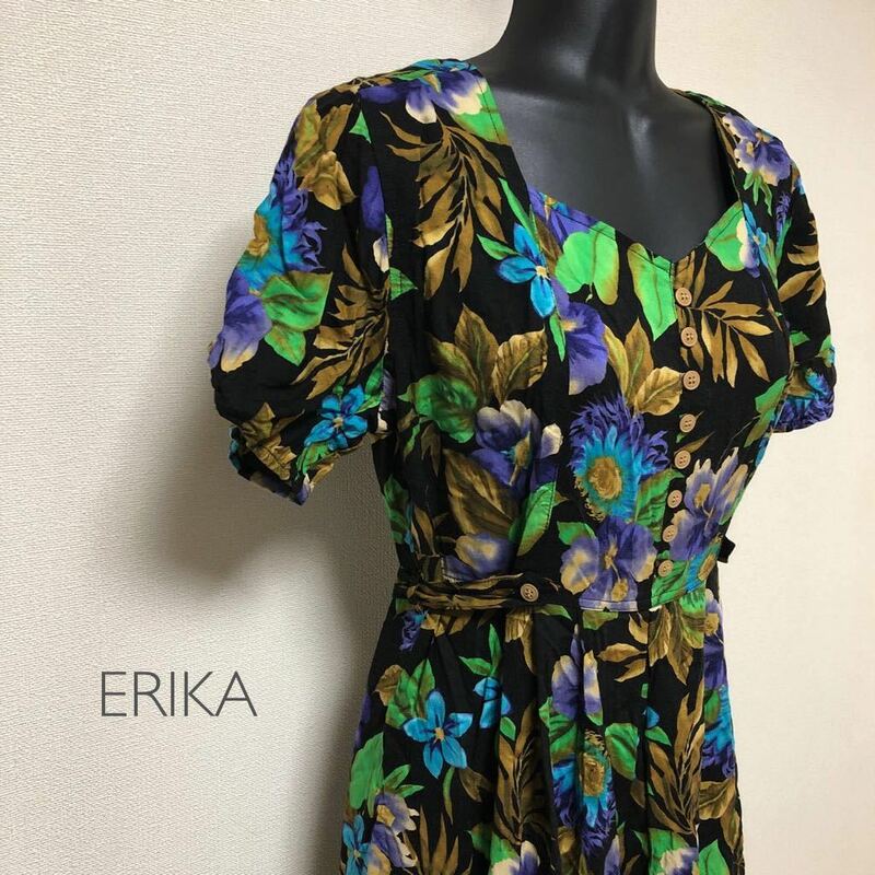 海外輸入品*ERIKA／PETITE DRESSES◇ヴィンテージ ワンピース 黒地 花柄 ボタニカル 半袖 ロングワンピース レーヨン100% バックファスナー