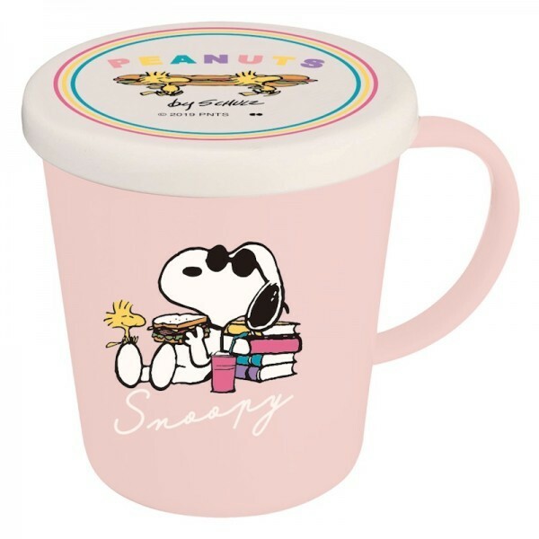 ★スヌーピー(SNOOPY)＆ウッドストックのフタ付きプラスチックマグカップ《ピンク》
