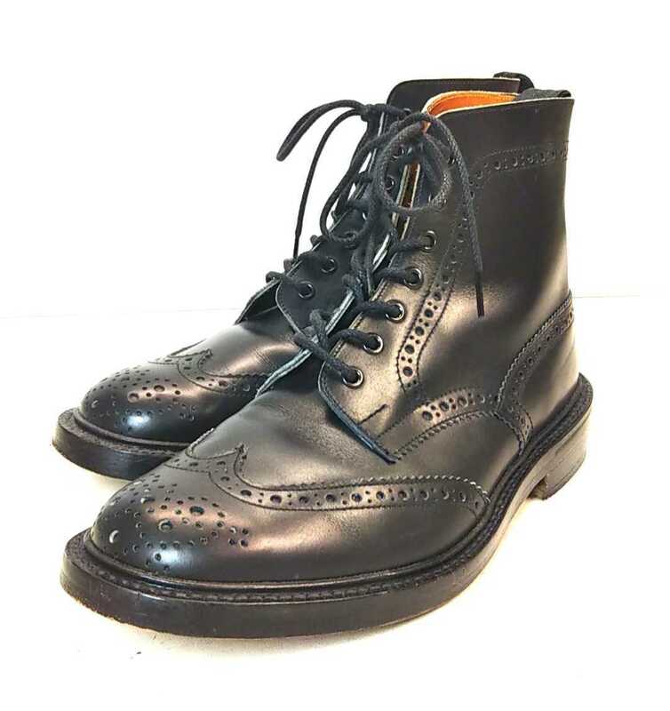 美品 Tricker's トリッカーズ 英国製 M2508 カントリーブーツ ウイングチップ レースアップブーツ ブラック メンズ UK9