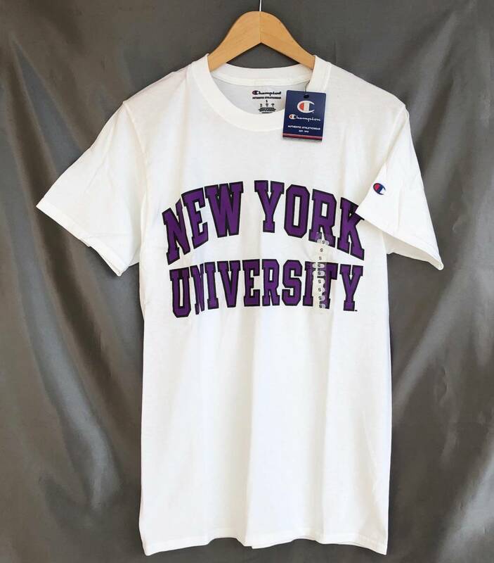 新品タグ付 正規 New York University カレッジ Tシャツ 白 半袖 NYU チャンピオン USメンズS 日本サイズM プリント 紫 ニューヨーク D230
