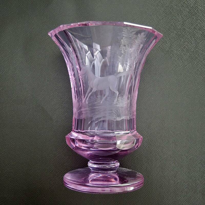 ■美品■1990年製 Ludek Balcar for Moser オールド モーゼル フラワーベース ホースエッチング パープル 花瓶