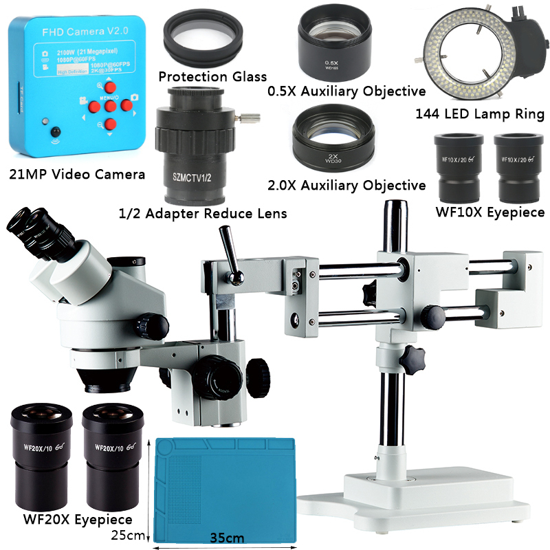 【送料無料】焦点三眼鏡実体顕微鏡+ 21MPカメラ顕微鏡スタンド 3.5X 7X 45X 90Xダブルブーム PCB はんだ付け 電話 修理 PCB検査