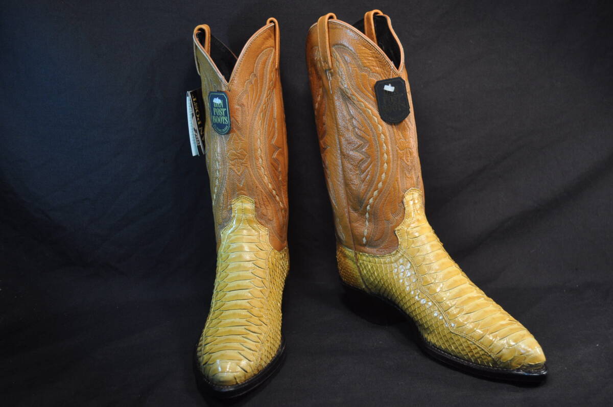 新品　廃盤　ダンポスト　DAN POST　ウエスタンブーツ　色：BUTTERCUP　黄タン　ニシキヘビ　腹革　パイソン　革底　7D