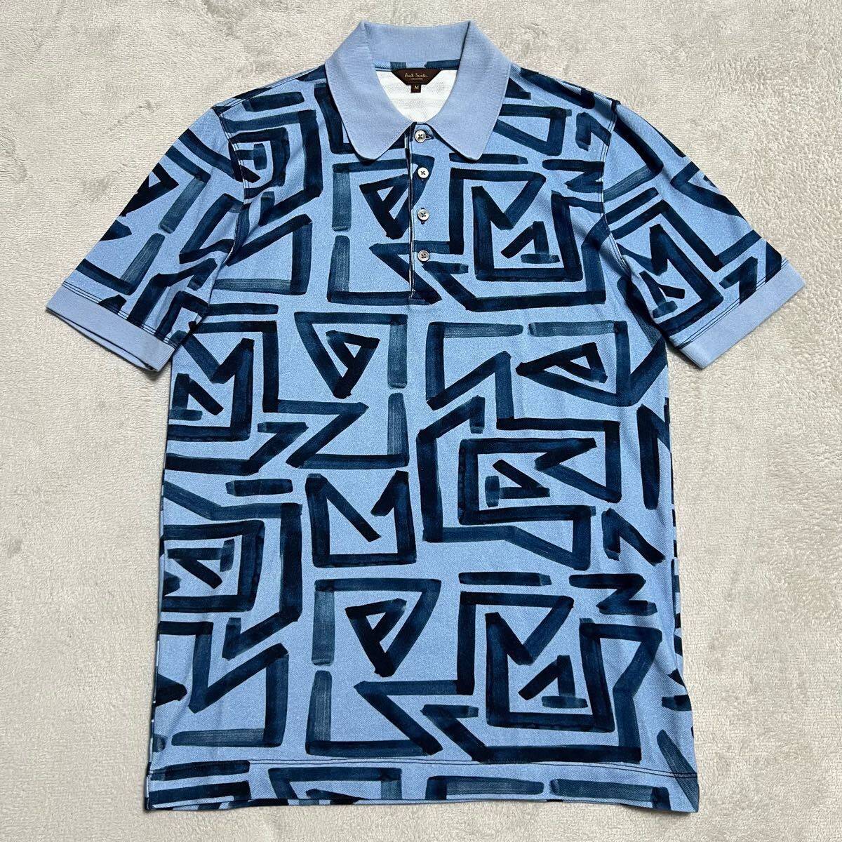★送料360円★日本製 Paul Smith COLLECTION 美品 ポールスミス 半袖 ポロシャツ 総柄 メンズ 水色 サイズM 綿100% コットン R-7403