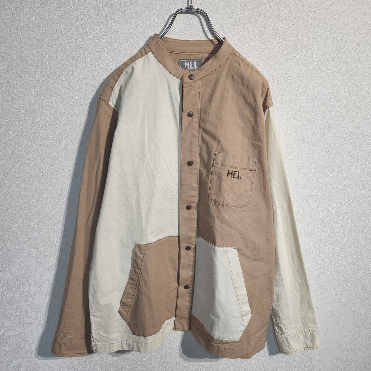 MEI 長袖 ノーカラー ボタンシャツ アシメデザイン バイカラー メンズM オーバーサイズ ビッグシルエット 90s