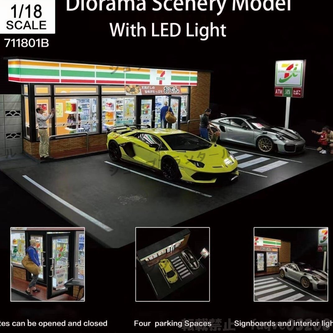 1/18 スケール DIY 車 ガレージ モデル LED 照明 ストリートビュー 駐車場（4 parking spaces