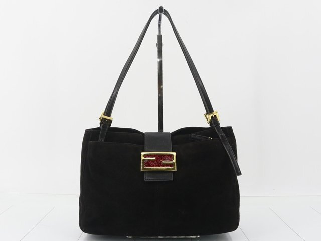 フェンディ FENDI マンマバゲット スエード ハンドバッグ ワンショルダーバッグ■col.ブラック 金具ゴールド/グリッターレッド