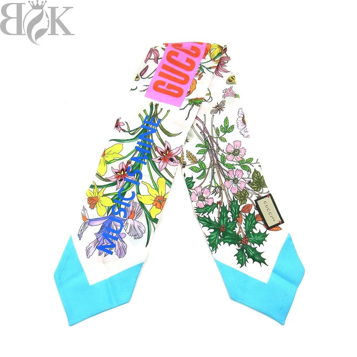 推定未使用品 グッチ 100 フローラルプリント ツイル ネックボウ 678992 3G001 9269 スカーフ シルク100% 花柄 ブルー系 GUCCI 〓