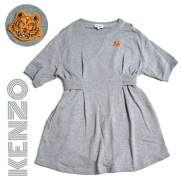  KENZO■美品　タイガーワッペン付き半袖スウェットミニワンピース　ひざ上　コットンジャージ　レディースM　グレー　ケンゾー