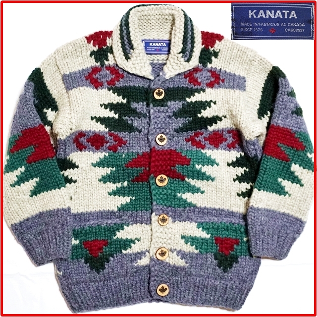 即決★カナダ製/KANATA★カウチンセーター カナタ マルチカラー ニットセーター カーディガン メイプルボタン WOOL100％ アウター